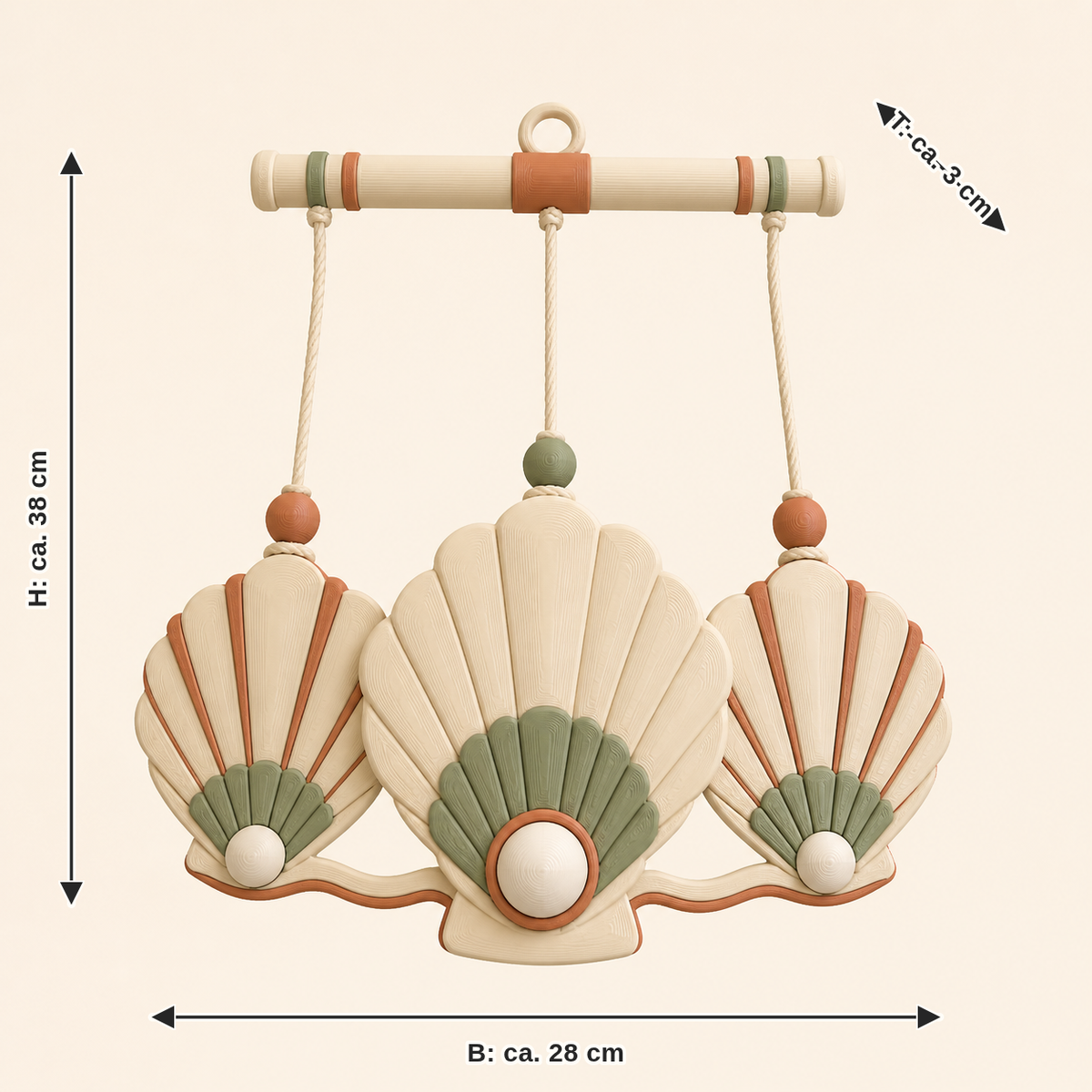 Dimensional image for shell mobile lagoon bead: width approx. 28 cm, depth approx. 3 cm, height approx. 38 cm