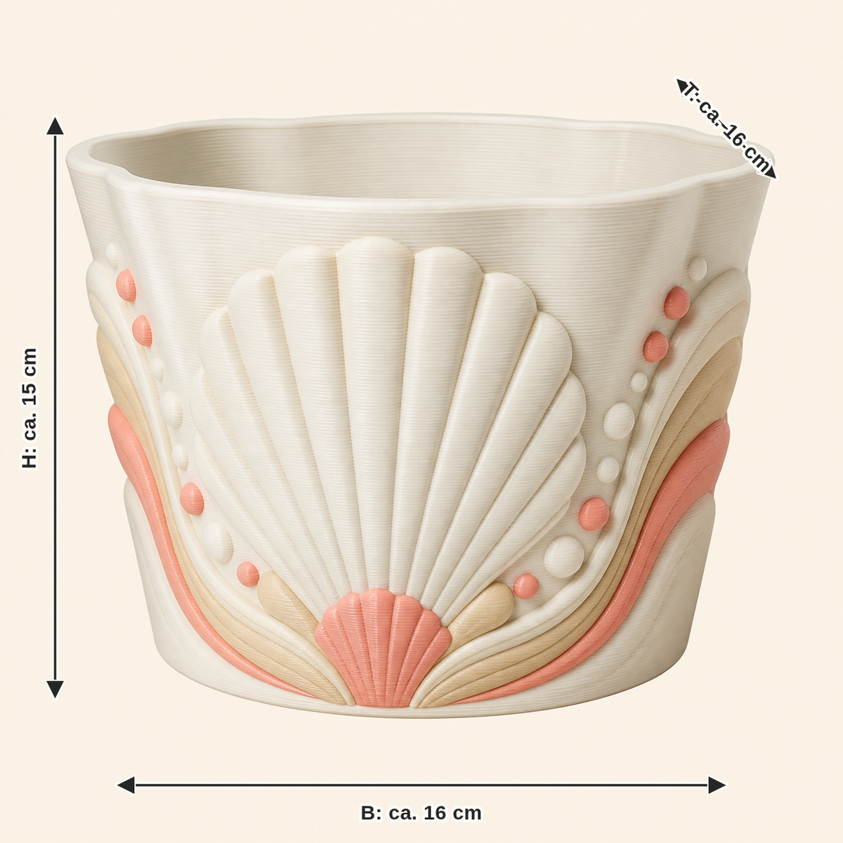 Dimensional image for shell planter dune pearl: width approx. 16 cm, depth approx. 16 cm, height approx. 15 cm