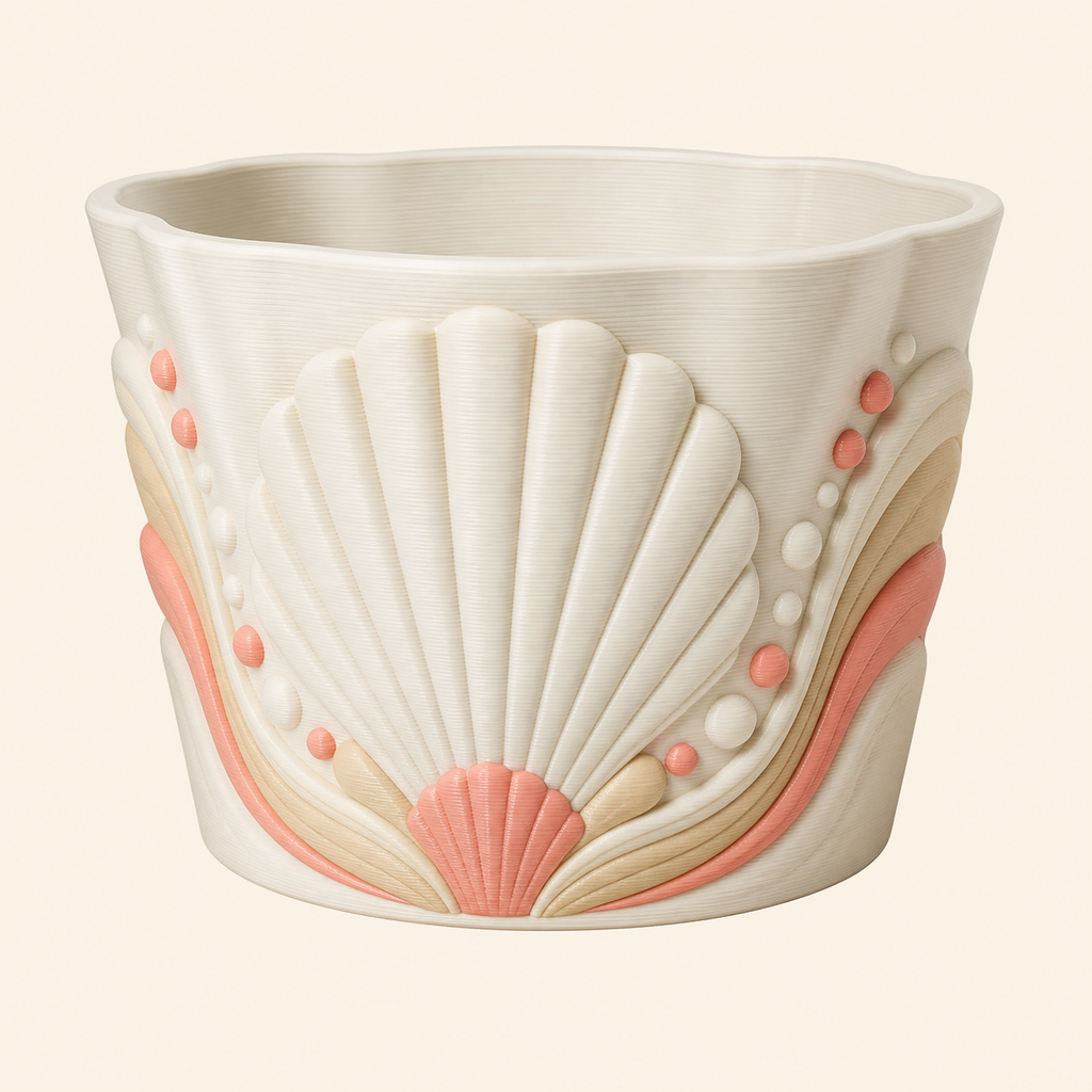 Shell planter dune pearl made of 3D-printed PETG in mother-of-pearl white, sand beige, coral