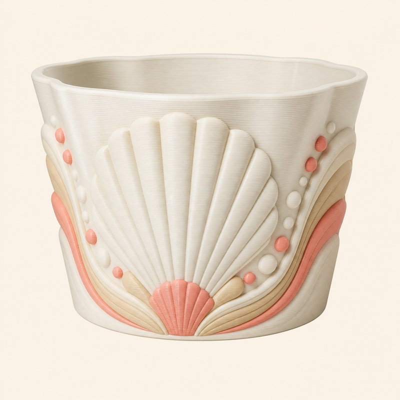 Shell planter dune pearl made of 3D-printed PETG in mother-of-pearl white, sand beige, coral