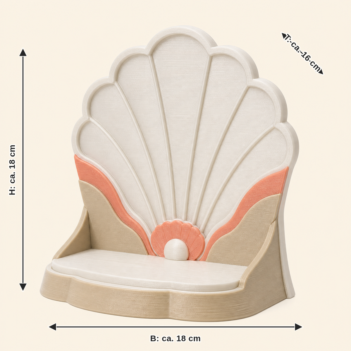 Dimensional image for shell-display stands sea arc: width approx. 18 cm, depth approx. 16 cm, height approx. 18 cm