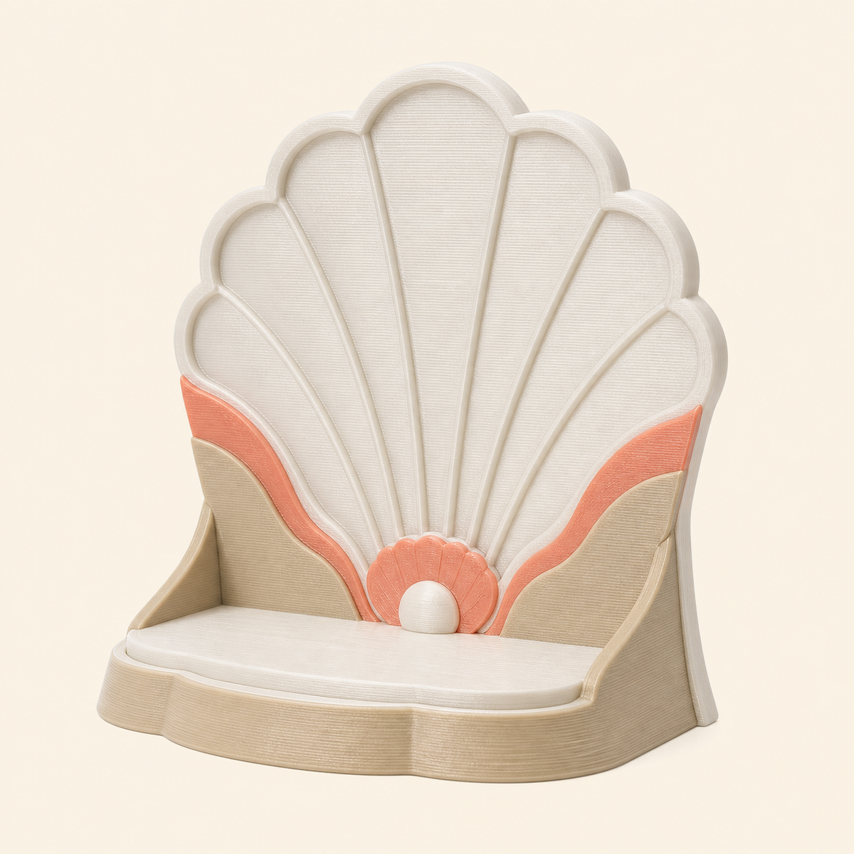 Shell-Display stands sea arch made of 3D-printed PETG in pearl white, sand beige, coral