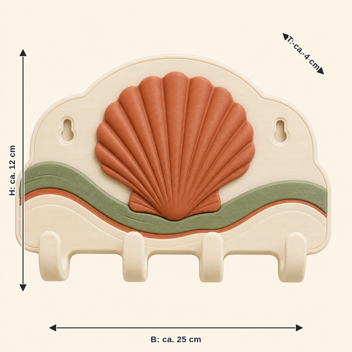 Dimensional image for shell-key rack beach pearl: width approx. 25 cm, depth approx. 4 cm, height approx. 12 cm
