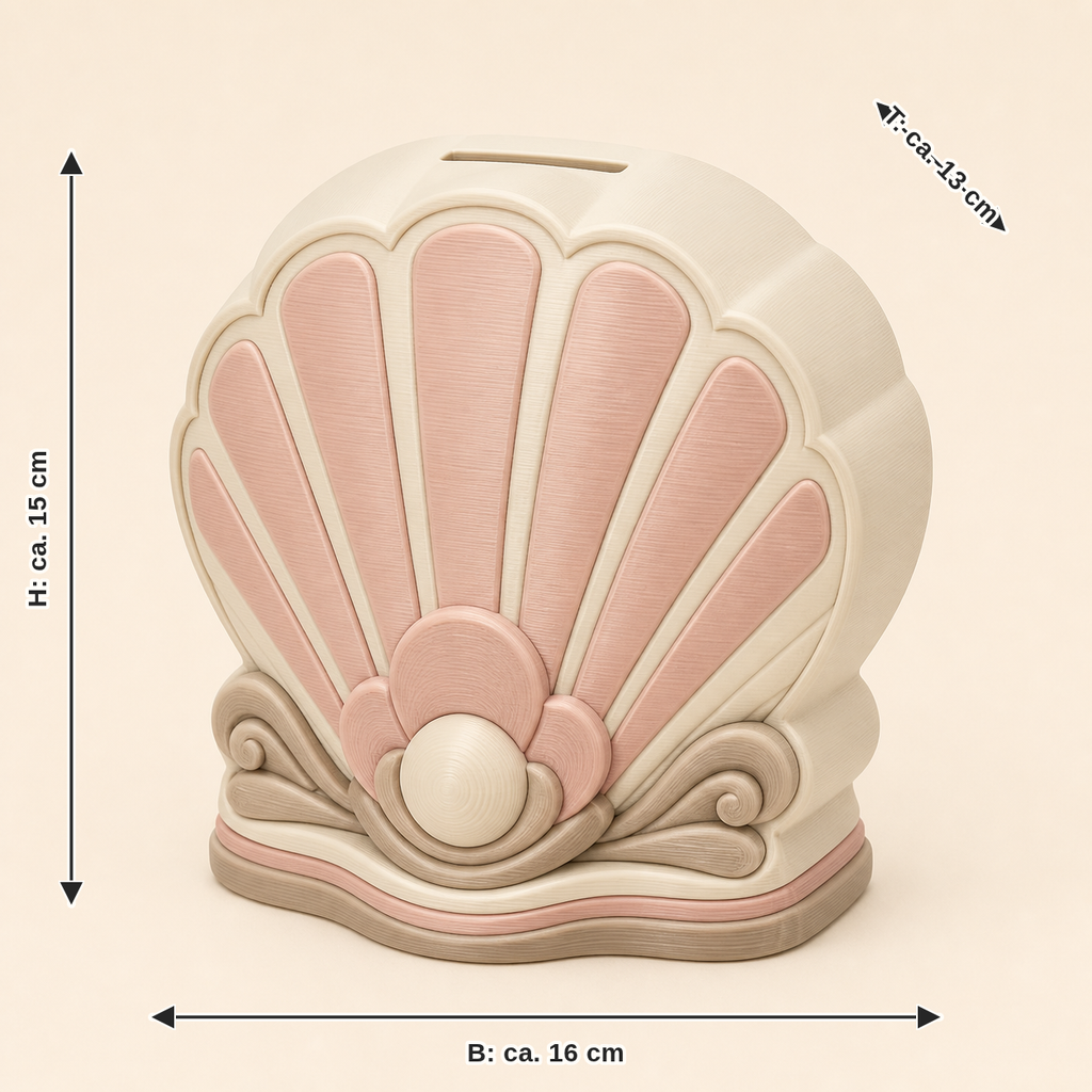 Dimensional image for shell money box shell garden: width approx. 16 cm, depth approx. 13 cm, height approx. 15 cm