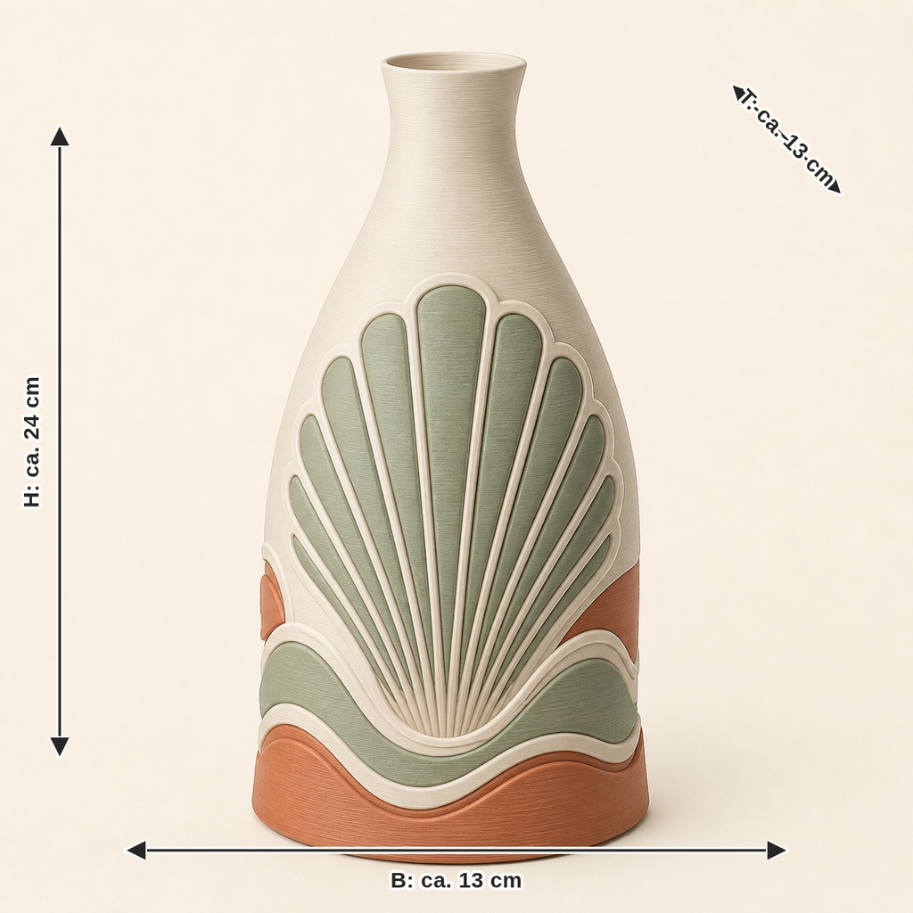 Dimensional image for shell-dried flowers vase sea fans: width approx. 13 cm, depth approx. 13 cm, height approx. 24 cm