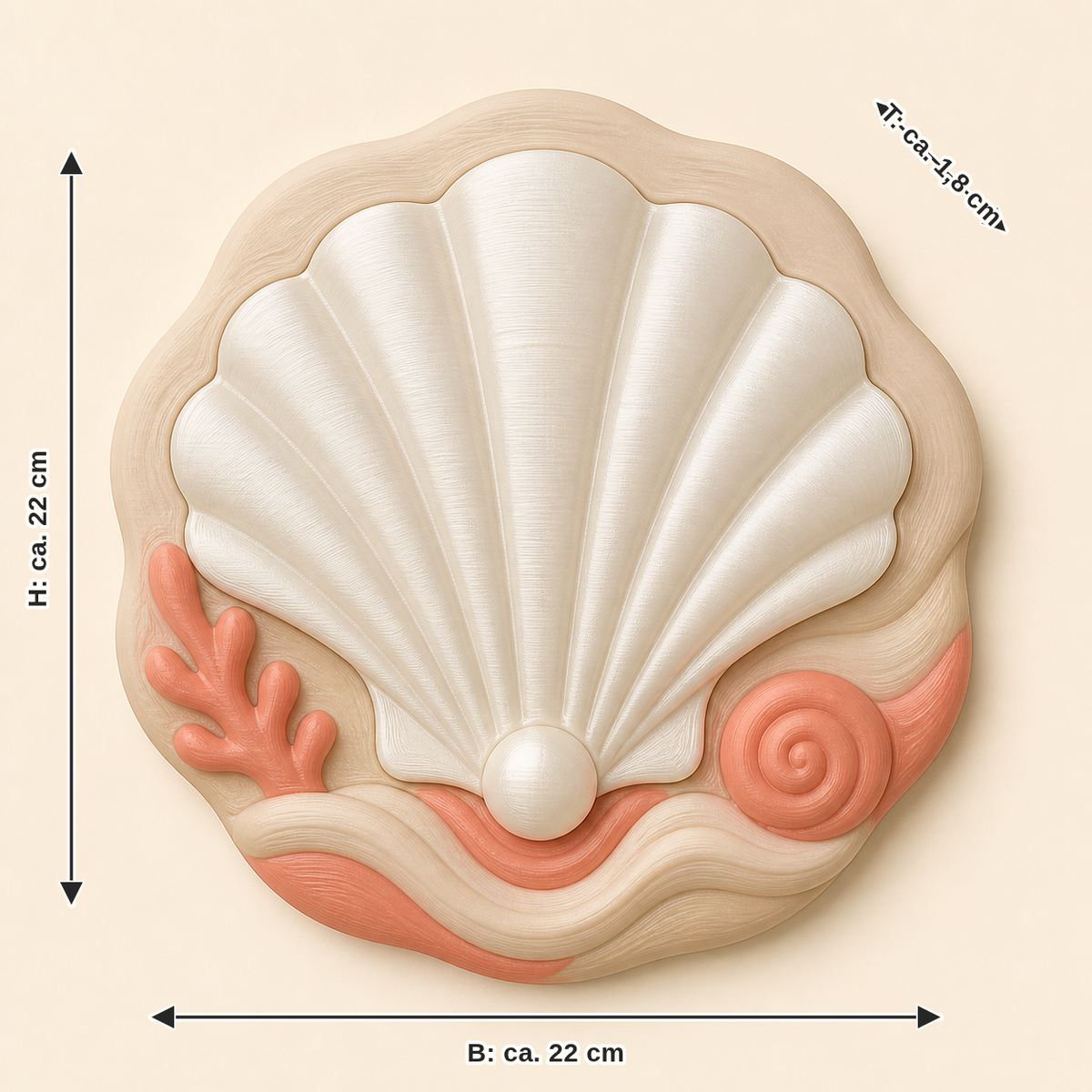 Dimensional image for shell wall relief fan bead: width approx. 22 cm, depth approx. 1.8 cm, height approx. 22 cm