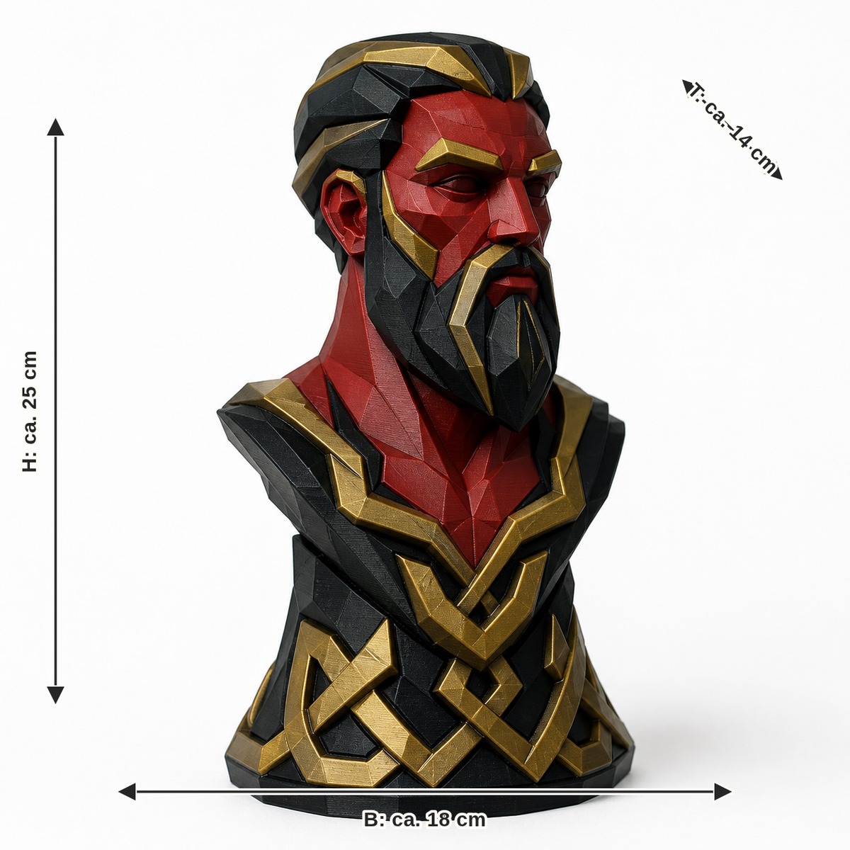 Dimensional image for Mythical warrior bust in red and gold: width about 18 cm, depth about 14 cm, height about 25 cm