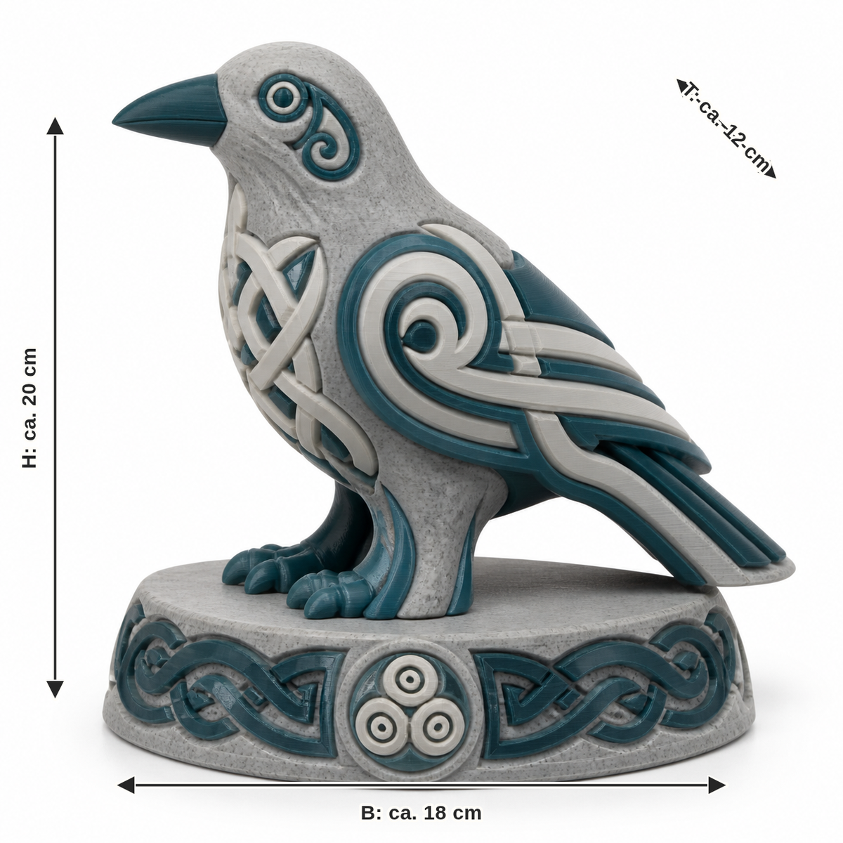 Maßbild für Mythische Rabenfigur mit Spiralornamenten: Breite ca. 18 cm, Tiefe ca. 12 cm, Höhe ca. 20 cm