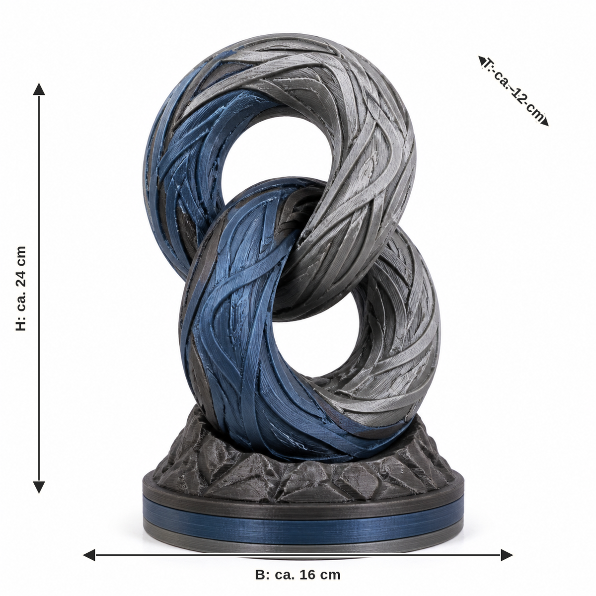 Measurement for Mythical Ring Sculpture in Steel blue and Silver: Width approx. 16 cm, Depth approx. 12 cm, Height approx. 24 cm