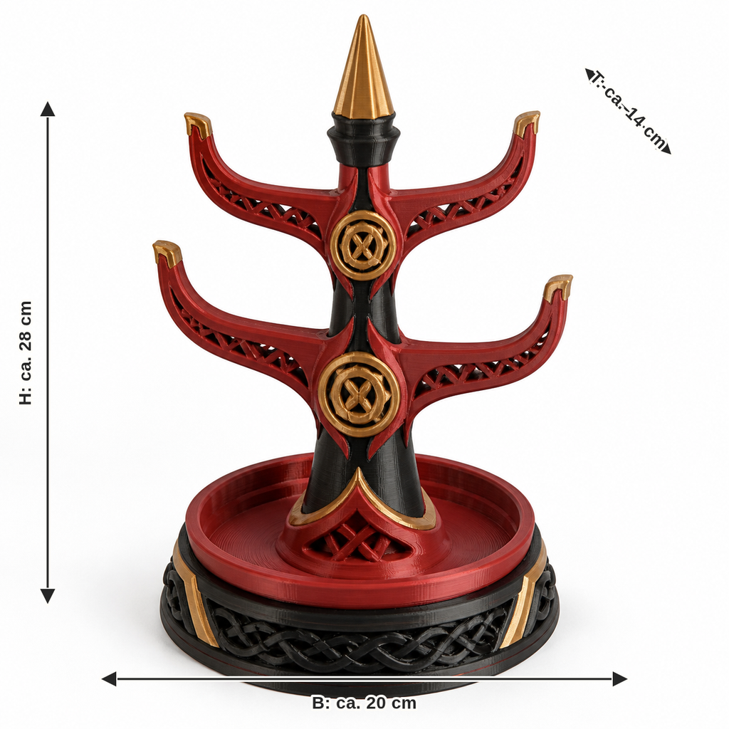 Maßbild für Mythischer Schmuckbaum in Rot und Gold: Breite ca. 20 cm, Tiefe ca. 14 cm, Höhe ca. 28 cm