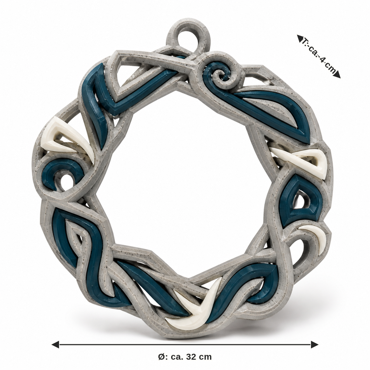 Maßbild für Mythischer Türkranz mit Wellenrunen: Durchmesser ca. 32 cm, Tiefe ca. 4 cm