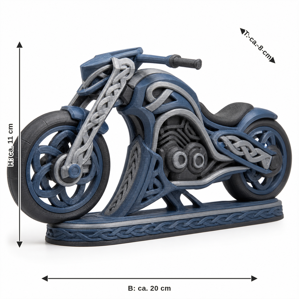Dimensional image for Mythical motorcycle model with braid: width approx. 20 cm, depth approx. 8 cm, height approx. 11 cm