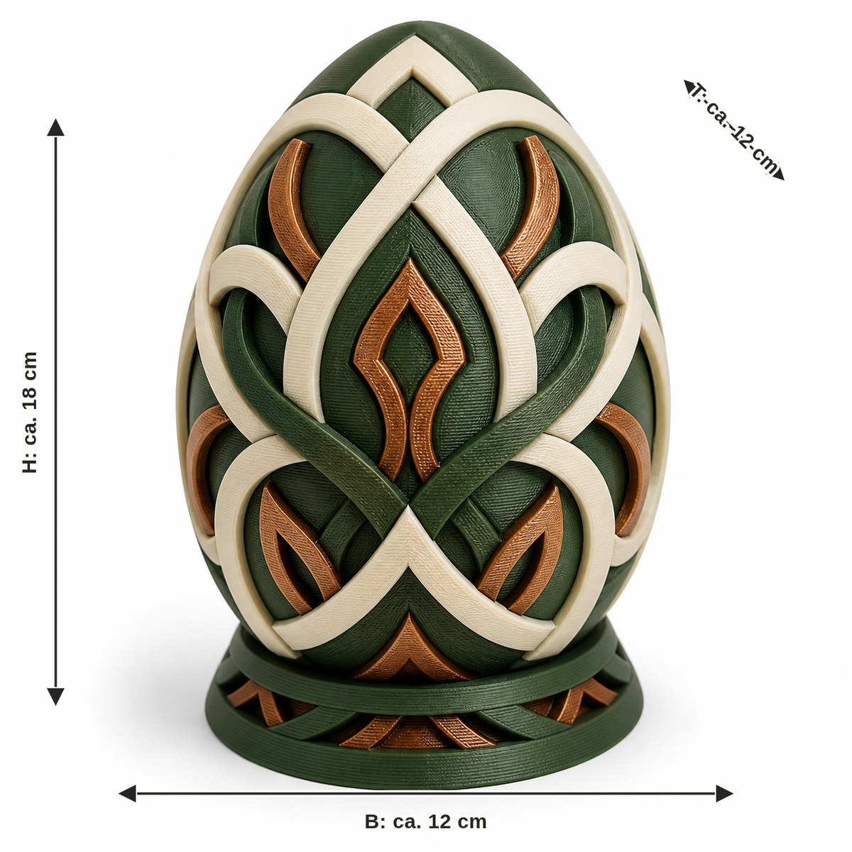 Dimensional image for Mythical Easter egg with endless knot: width about 12 cm, depth about 12 cm, height about 18 cm