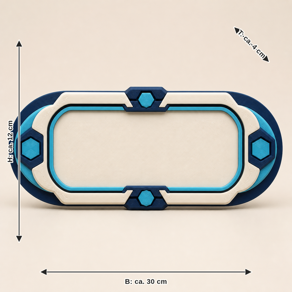 Dimensional image for name tag change frame – Futuristic: width approx. 30 cm, depth approx. 4 cm, height approx. 12 cm