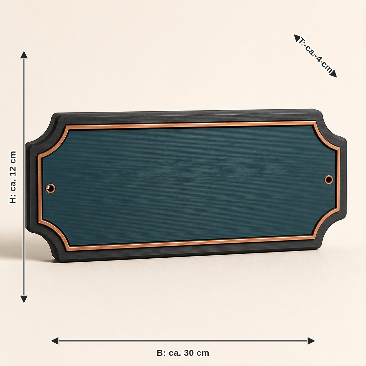 Dimensional image for name tag changing frame – Modern: width approx. 30 cm, depth approx. 4 cm, height approx. 12 cm