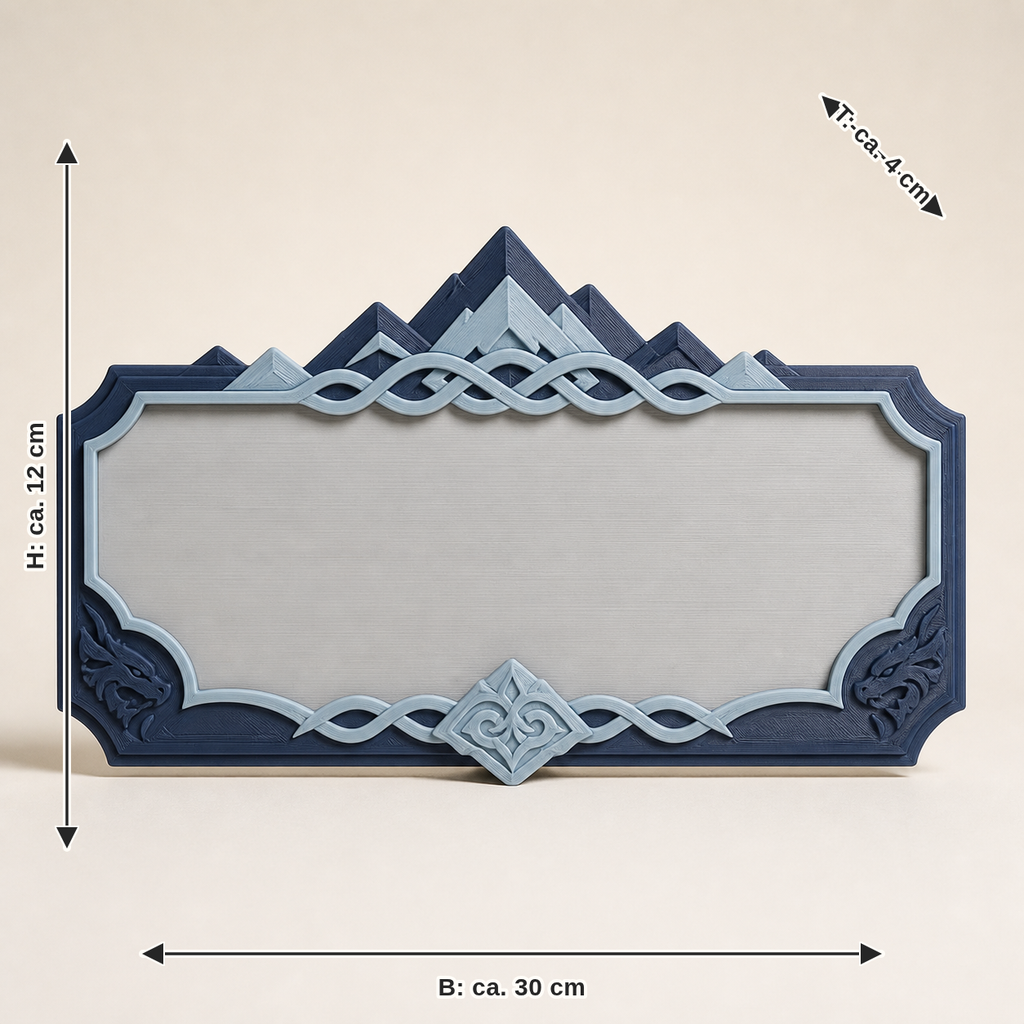 Dimensional image for name tag change frame – Nordic & Mythical: width approx. 30 cm, depth approx. 4 cm, height approx. 12 cm
