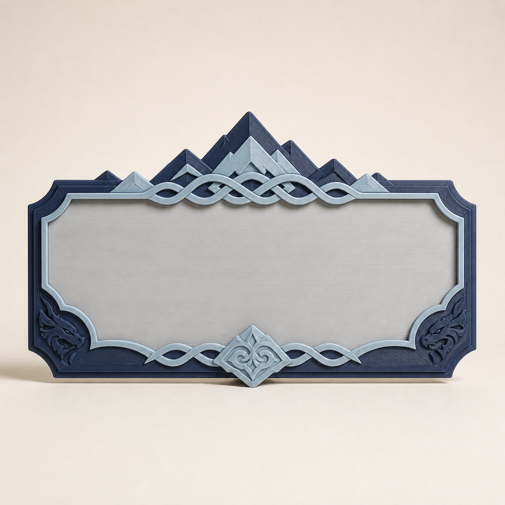 Nameplate change frame – Nordic & Mythical from PETG on bright studio background