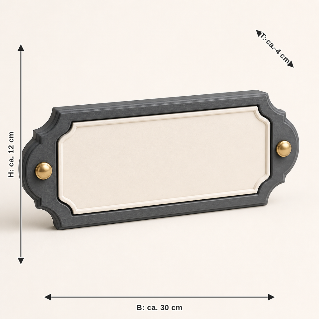 Dimensional image for name tag change frame – Timeless: width approx. 30 cm, depth approx. 4 cm, height approx. 12 cm