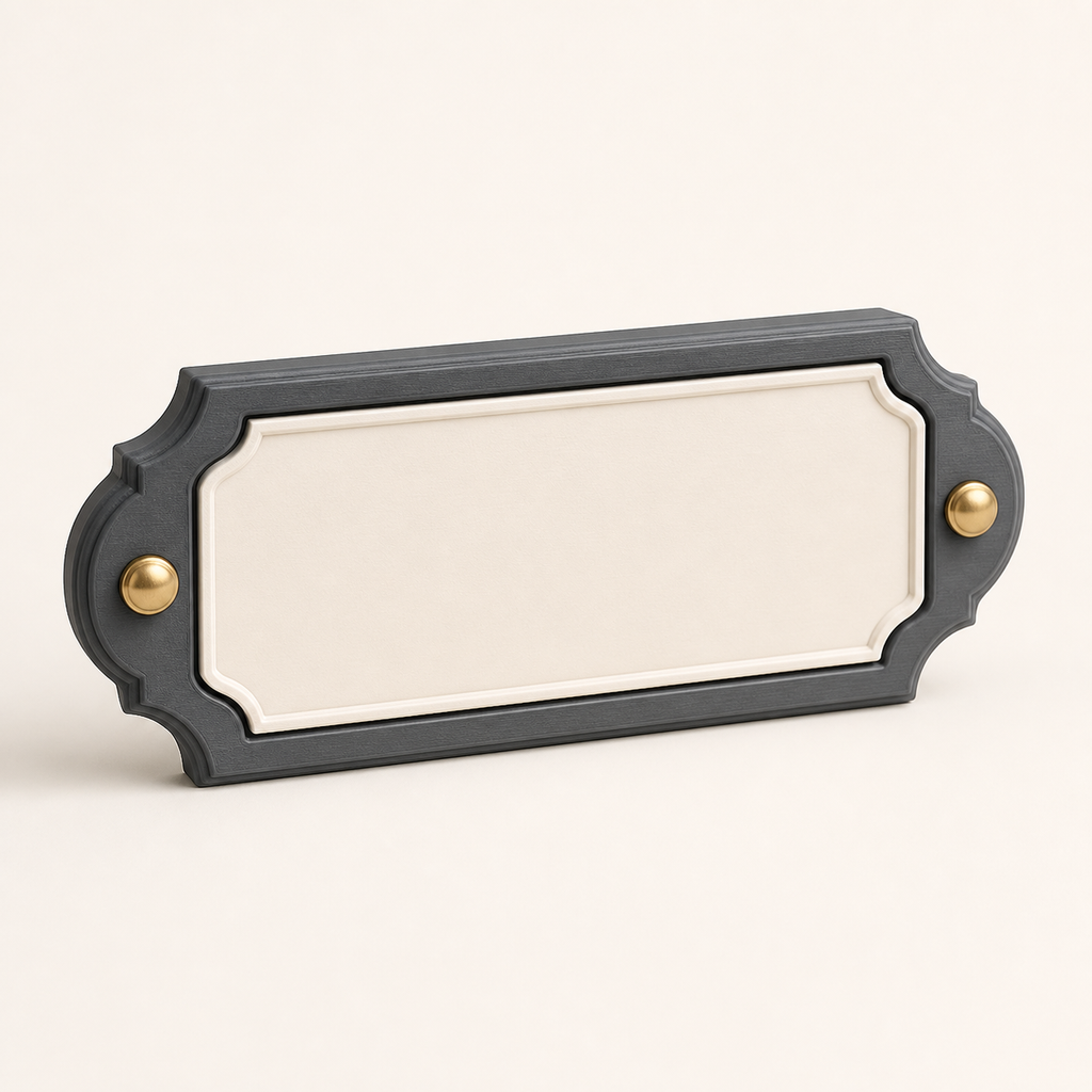 Name tag change frame – Timeless from PETG on bright studio background