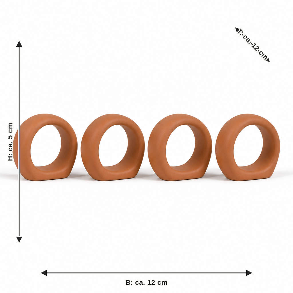 Dimensional image for napkin ring set of four round loops in terracotta: width approx. 12 cm, depth approx. 12 cm, height approx. 5 cm