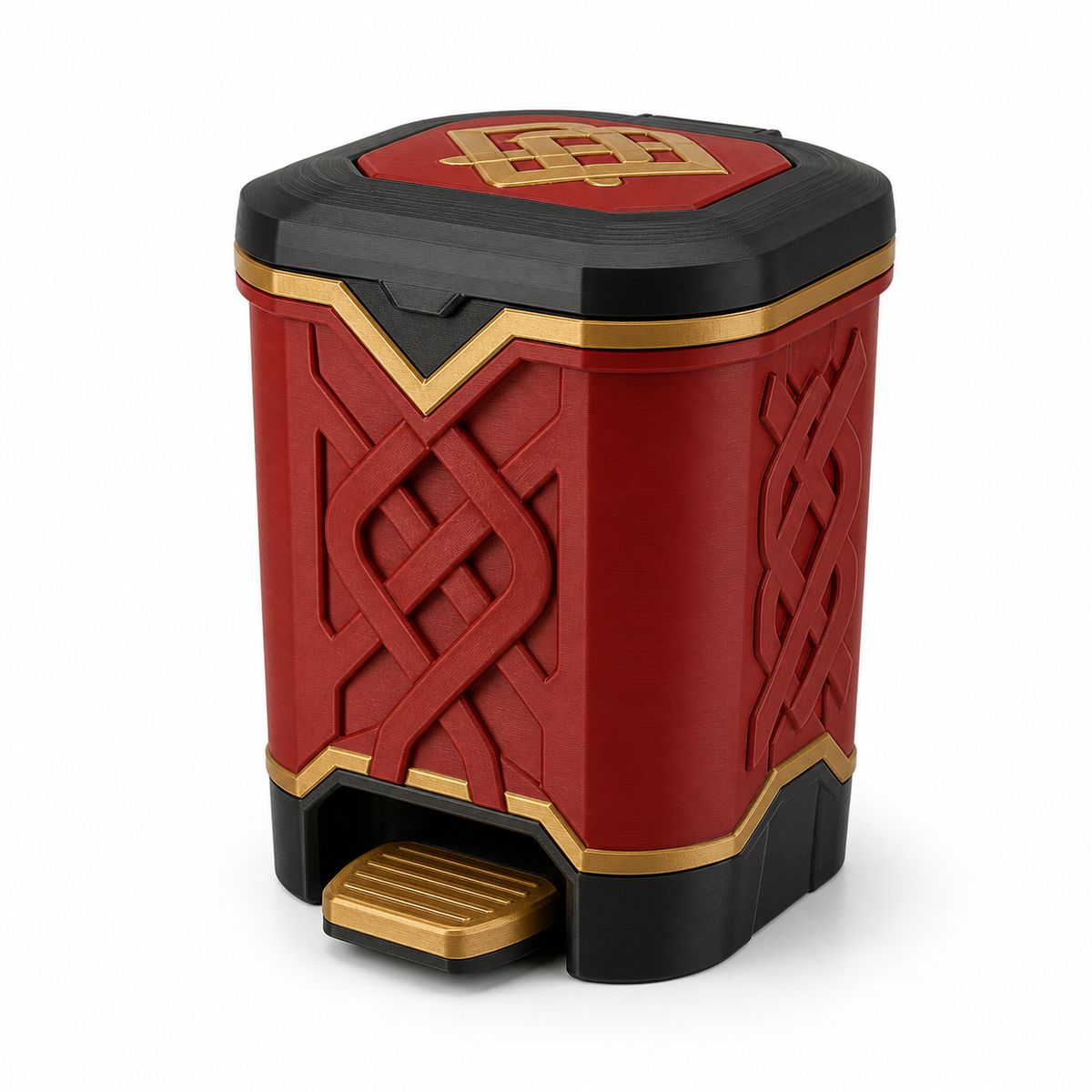 Product illustration of "Pedal-waste bin with rune knot" on white background: waste bin; Basic shape: high polygonal rectangular shape with flat black lid; Design: reliefed knots, golden frame ribbons and a front pedal; Colours: red, black and gold.
