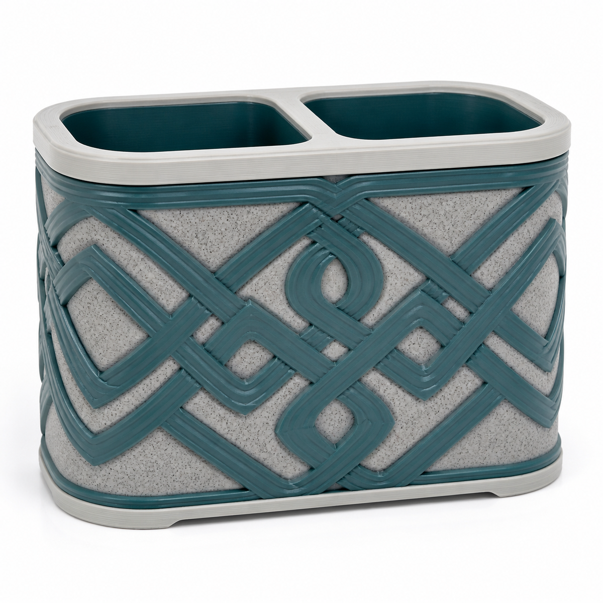 Product image of "Two-Sorting Container with Endless Node" on a white background: Sorting Container; Basic shape: wide rectangular shape with two open throw-in chambers; Design: a large-area twisted front relief and soft rounded corners; Colours: teal, silver grey and white.