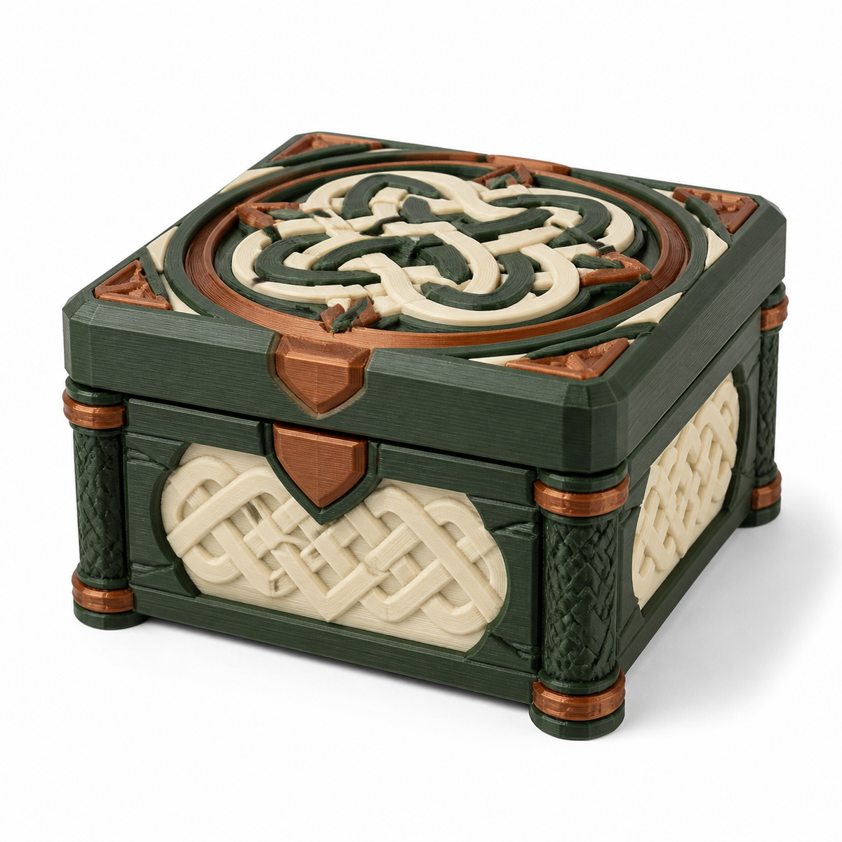 Product illustration of "Cover box with round myth ornament" on white background: storage box; Basic shape: compact square box shape with flat decorated lid; Design: a large circular knot medallion and reliefed side panels; Colours: dark green, cream and copper brown.