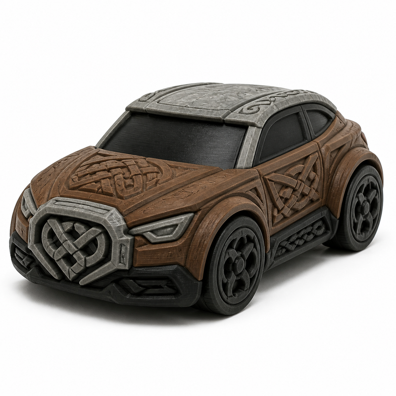Nordisches Geländewagen-Modell mit Runenfront – Produktansicht auf weißem Hintergrund; Farben: Braun, Silbergrau und Schwarz.