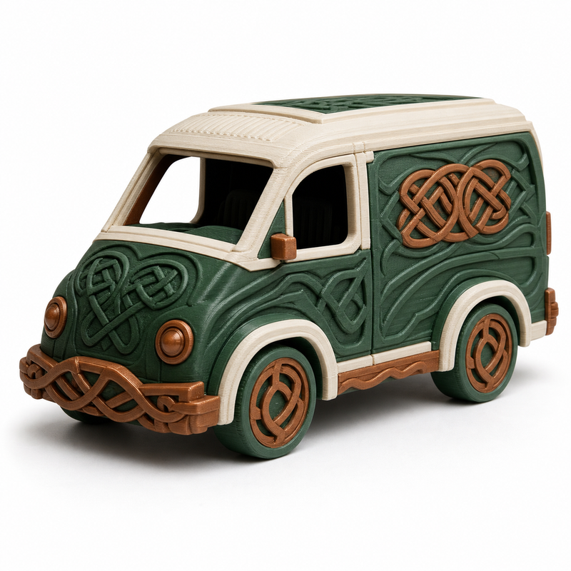 Nordischer Lieferwagen mit Knotensymbolen – Produktansicht auf weißem Hintergrund; Farben: Dunkelgrün, Creme und Kupferbraun.