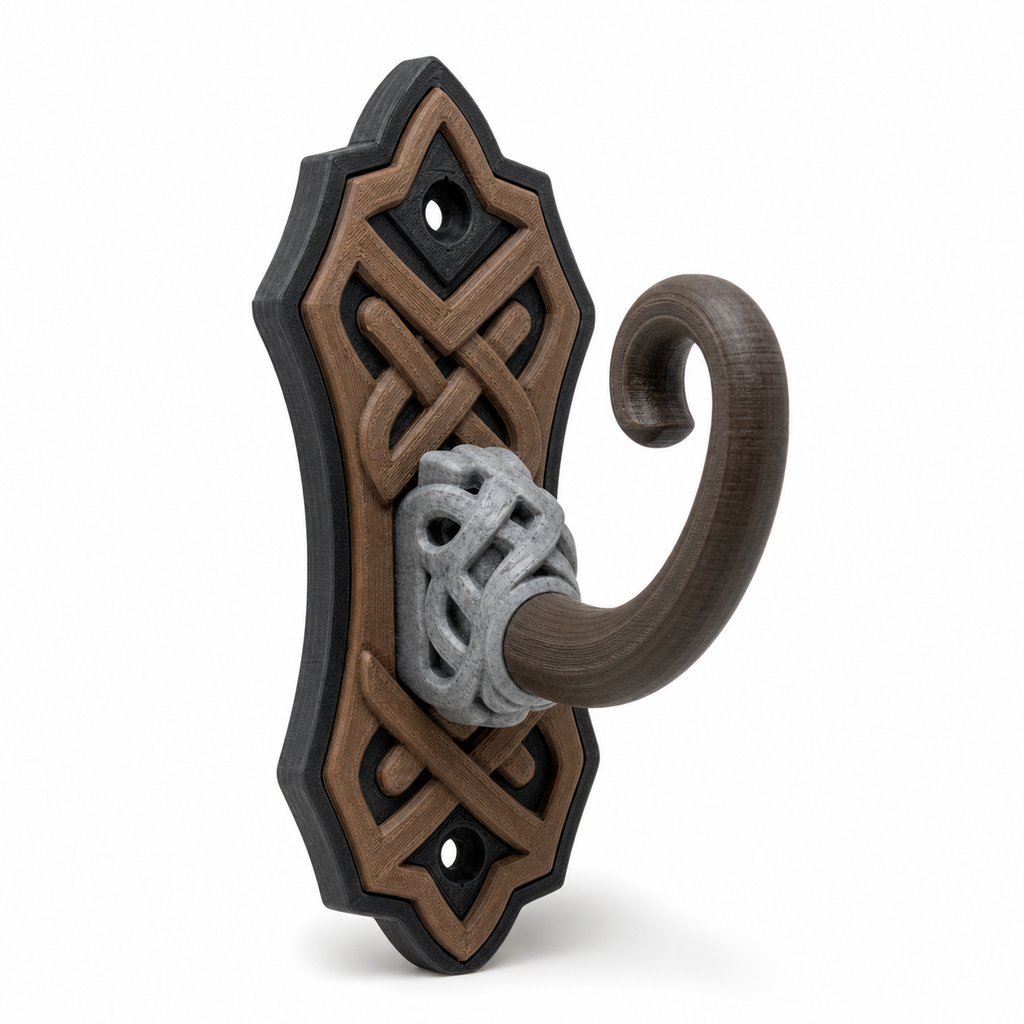 Product illustration of "curtain hook with high rune sign" on white background: curtain hook; Basic shape: long pointed wallplatte with wide open curved hook; Design: a continuous knot relief and two small fastening openings; Colours: brown, silver grey and black.