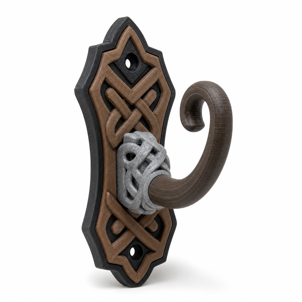 Product illustration of "curtain hook with high rune sign" on white background: curtain hook; Basic shape: long pointed wallplatte with wide open curved hook; Design: a continuous knot relief and two small fastening openings; Colours: brown, silver grey and black.