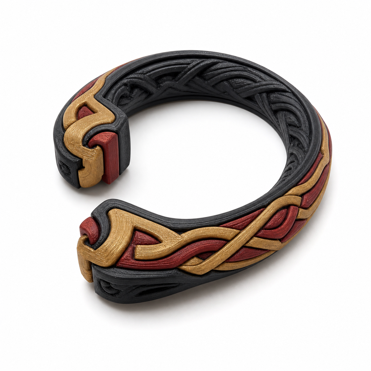 Product illustration of "Open curtain holder with dragon knot" on white background: curtain holder; Basic shape: strong open C-shape with pla table framed end pieces; Design: a continuous red and gold braided band on black background; Colours: red, black and gold.
