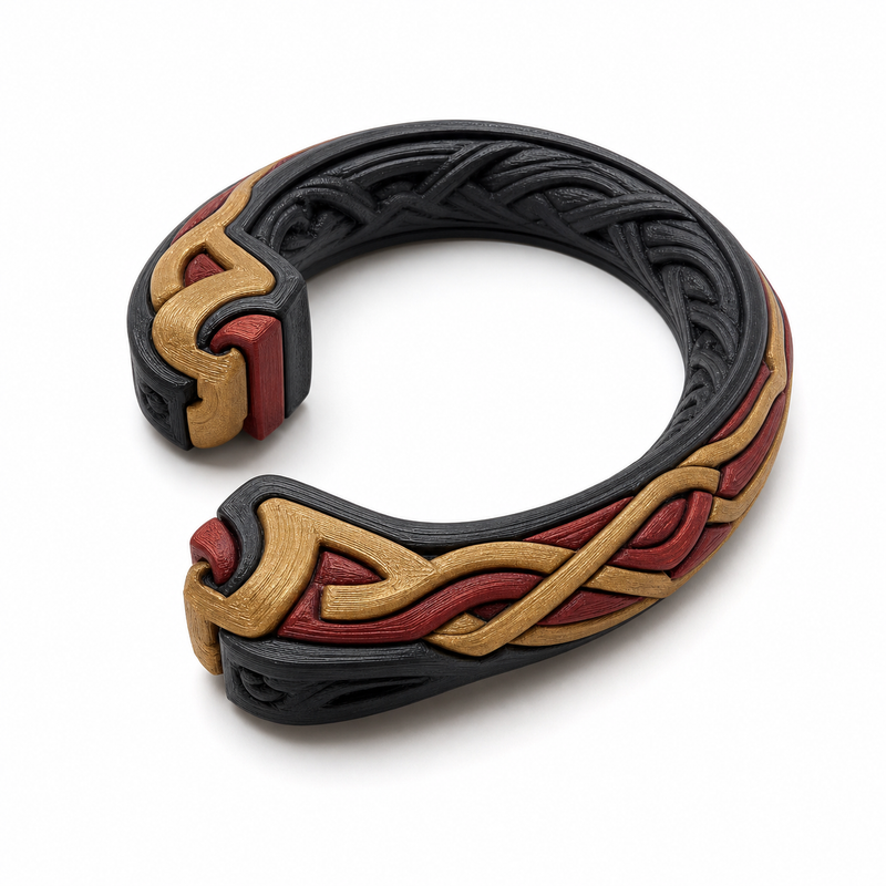 Product illustration of "Open curtain holder with dragon knot" on white background: curtain holder; Basic shape: strong open C-shape with pla table framed end pieces; Design: a continuous red and gold braided band on black background; Colours: red, black and gold.