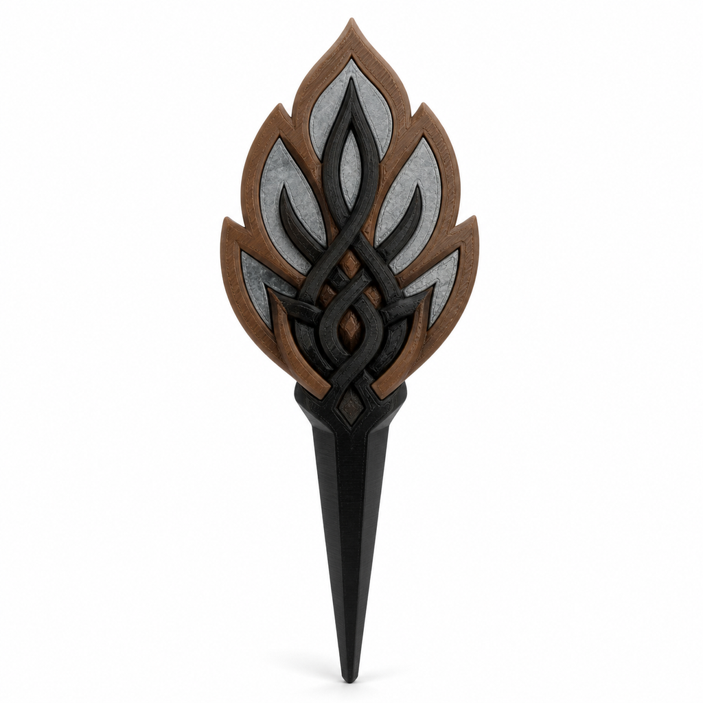 Product illustration of “garden stake with mythical flame node” on white background: garden stake; Basic shape: long pointed earth shape with multi-layered flame-like head; Design: nested pointed leaves and a small central knot; Colours: brown, silver grey and black.