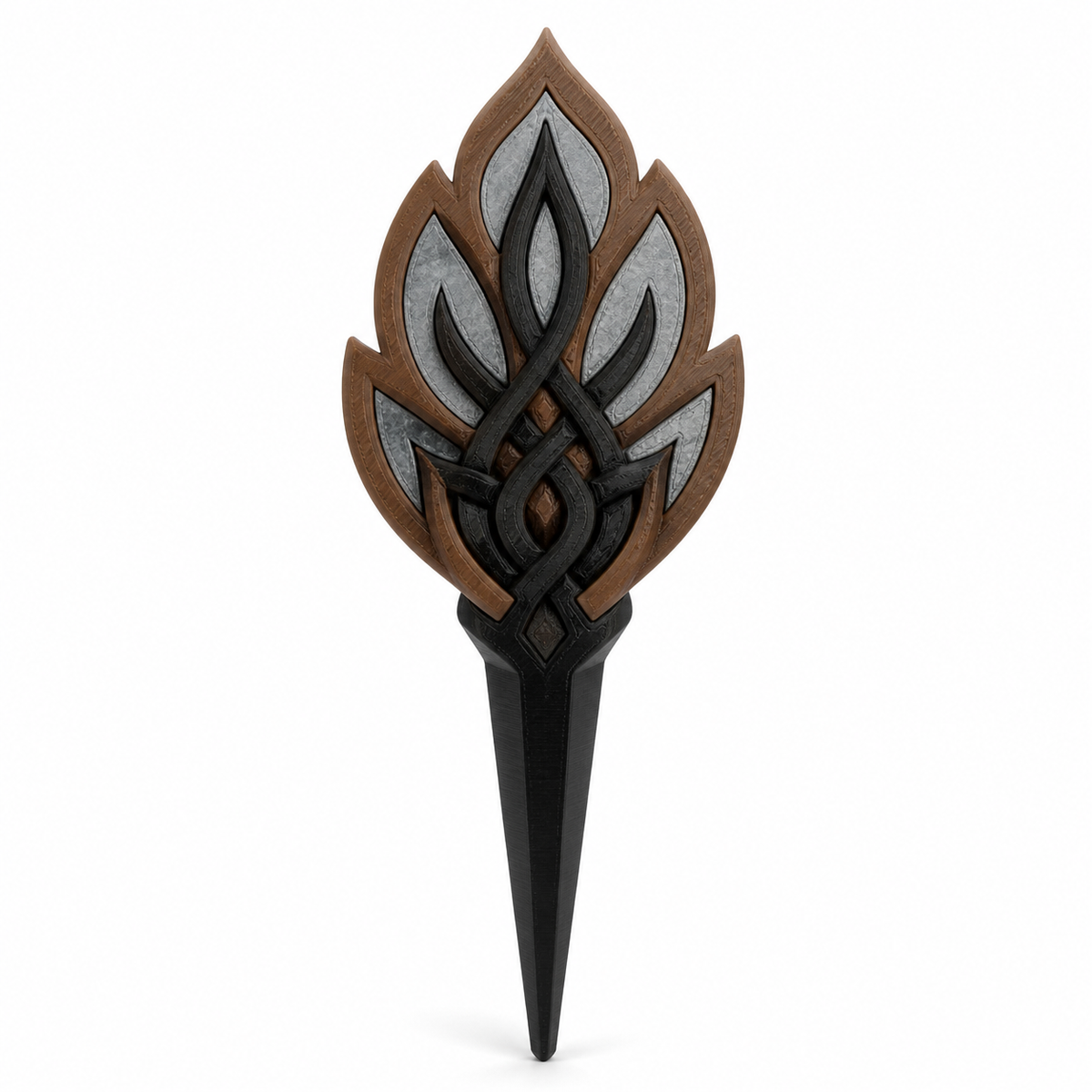 Product illustration of “garden stake with mythical flame node” on white background: garden stake; Basic shape: long pointed earth shape with multi-layered flame-like head; Design: nested pointed leaves and a small central knot; Colours: brown, silver grey and black.