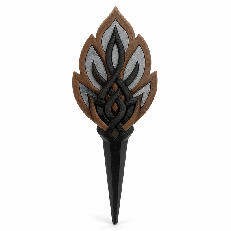Product illustration of “garden stake with mythical flame node” on white background: garden stake; Basic shape: long pointed earth shape with multi-layered flame-like head; Design: nested pointed leaves and a small central knot; Colours: brown, silver grey and black.