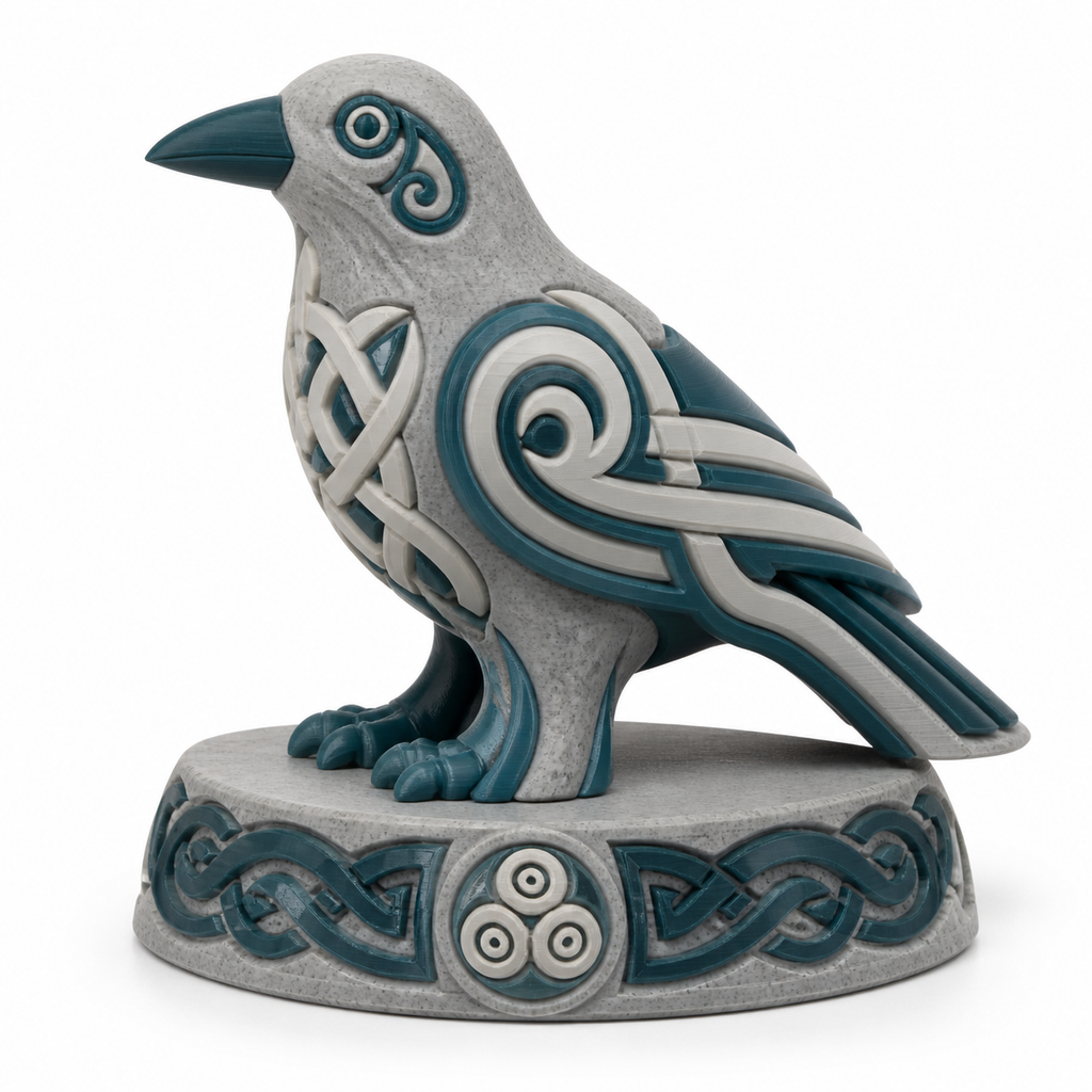 Mythische Rabenfigur mit Spiralornamenten – Produktansicht auf weißem Hintergrund; Farben: Petrol, Silbergrau und Weiß.