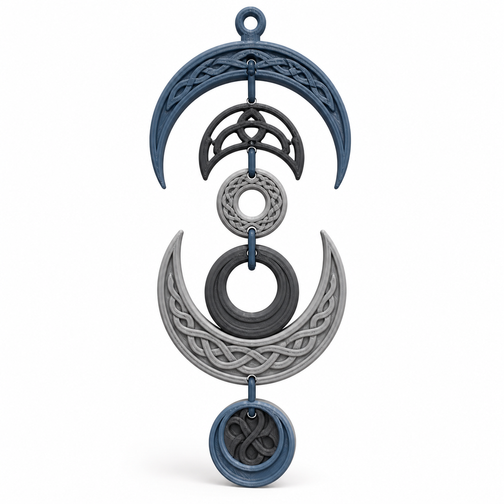 Product illustration of "hanging decoration with Nordic lunar phases" on a white background: hanging decoration; Basic shape: vertical sequence of two lunar crescents, circles and knot medallions; Design: several finely reliefed celestial shapes and an annular center; Colours: steel blue, silver grey and anthracite.