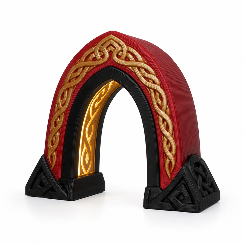 Product image of "Arc-shaped LED light with gold runes" on white background: LED light; Basic shape: high freestanding arc on two black base blocks; Design: a richly ornamented red outer frame and a gold-coloured luminous zone; Colours: red, black and gold.
