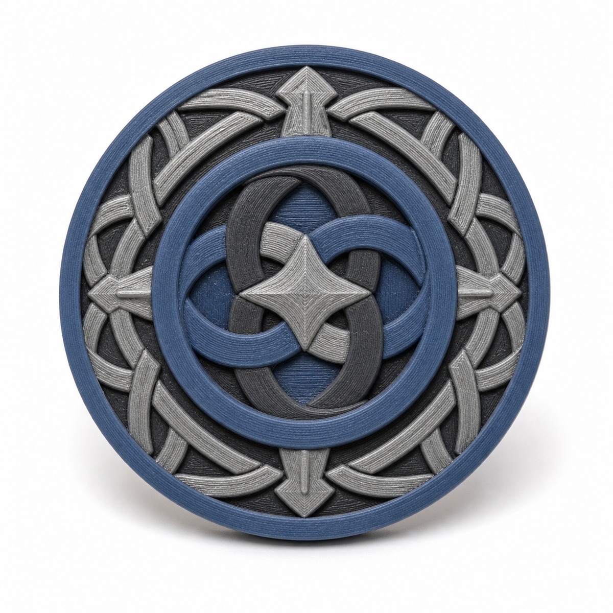 Runder Magnet mit Knotenschild – Produktansicht auf weißem Hintergrund; Farben: Stahlblau, Silbergrau und Anthrazit.