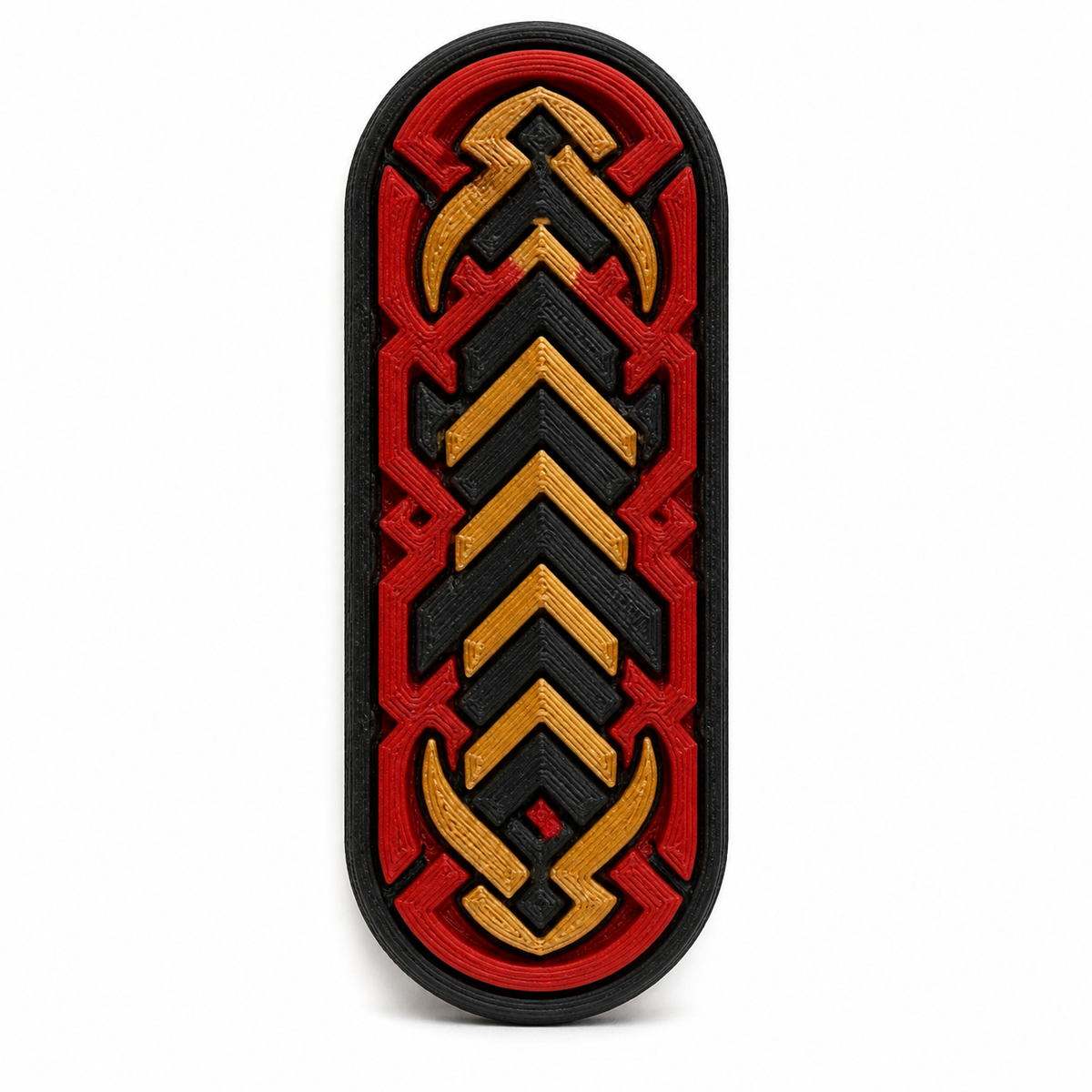Länglicher Magnet mit Gold-Chevrons – Produktansicht auf weißem Hintergrund; Farben: Rot, Schwarz und Goldfarben.