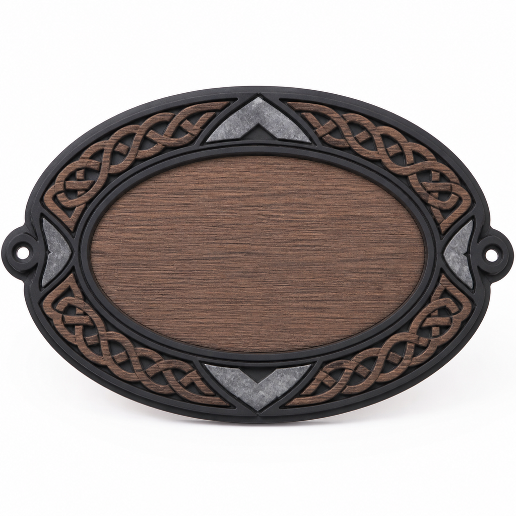 Product illustration of "Oval wall sign with braided ring" on white background: wall sign; Basic shape: wide oval shield surface with two side fastening eyelets; Design: a circumferential brown knot frame and silver-grey corner segments; Colours: brown, silver grey and black.