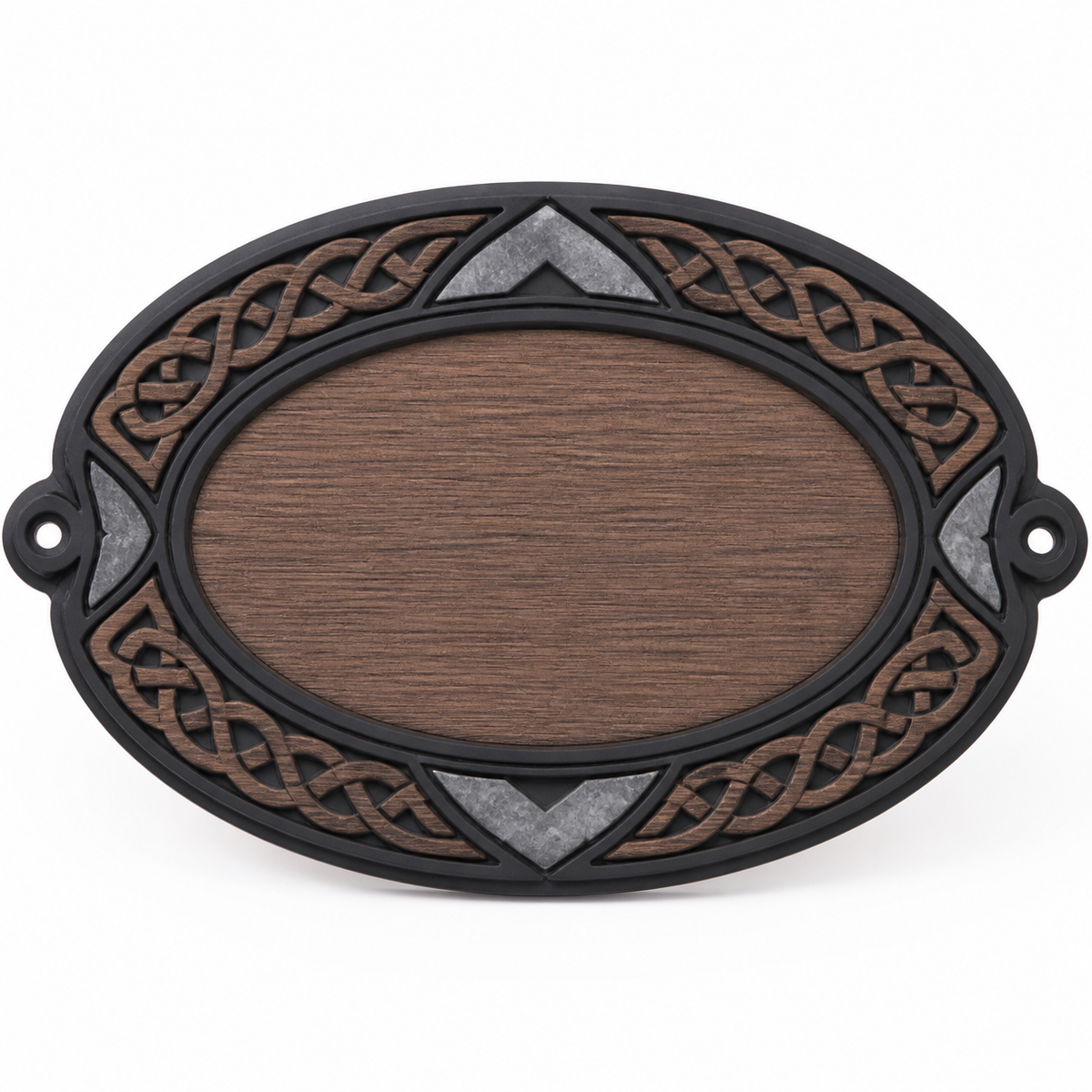 Product illustration of "Oval wall sign with braided ring" on white background: wall sign; Basic shape: wide oval shield surface with two side fastening eyelets; Design: a circumferential brown knot frame and silver-grey corner segments; Colours: brown, silver grey and black.