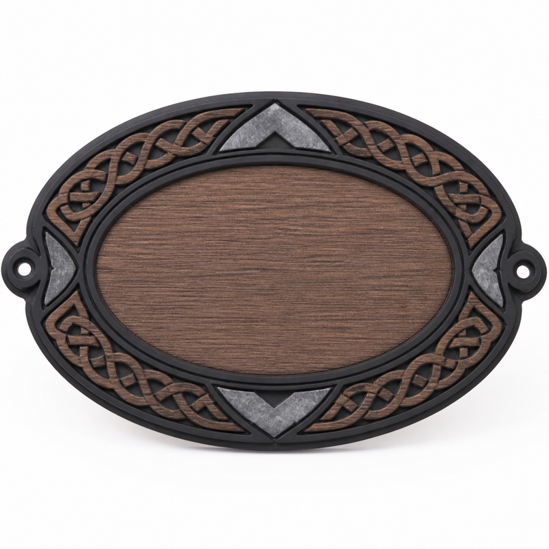 Product illustration of "Oval wall sign with braided ring" on white background: wall sign; Basic shape: wide oval shield surface with two side fastening eyelets; Design: a circumferential brown knot frame and silver-grey corner segments; Colours: brown, silver grey and black.