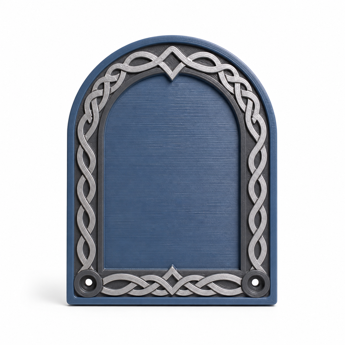 Product illustration of "Arc-shaped door sign with endless knot" on white background: door sign; Basic shape: high arc shape with flat lower edge; Design: a finely twisted silver-grey inner frame and small dark corners; Colours: steel-blue, silver-grey and anthracite.