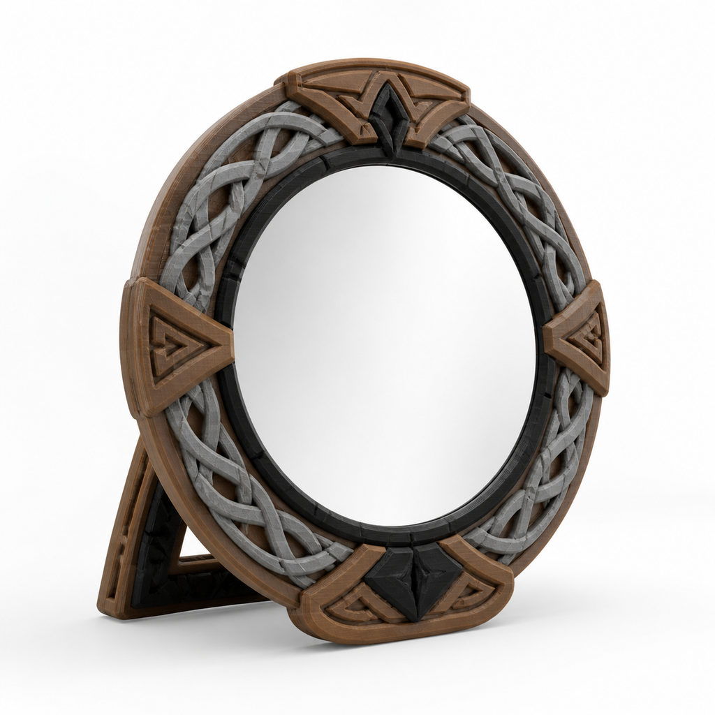 Product image of "round standing mirror with rune wreath" on white background: standing mirror; Basic shape: round mirror surface in a wide braided frame with rear support; Design: circumferential silver-grey knotting bands and four brown shield segments; Colours: brown, silver grey and black.