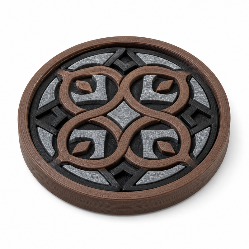 Product illustration of "round coaster with quadruple knot" on white background: coaster; Basic shape: flat round disc with wide brown outer edge; Design: four symmetrical spiral shapes on a dark reliefed ground; Colours: brown, silver grey and black.