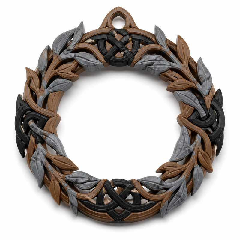 Product image of "Northern door wreath with leaves and knot band" on white background: door wreath; Basic shape: round open wreath shape with small upper suspension loop; Design: overlaid brown and silver-grey leaves on a black braided ring; Colours: brown, silver grey and black.