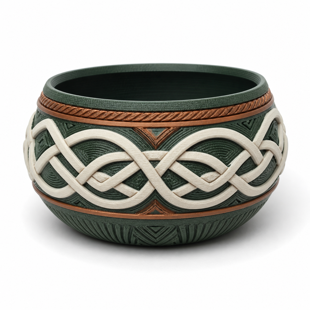 Bauchige Schalenvase mit hellem Endlosband – Produktansicht auf weißem Hintergrund; Farben: Dunkelgrün, Creme und Kupferbraun.