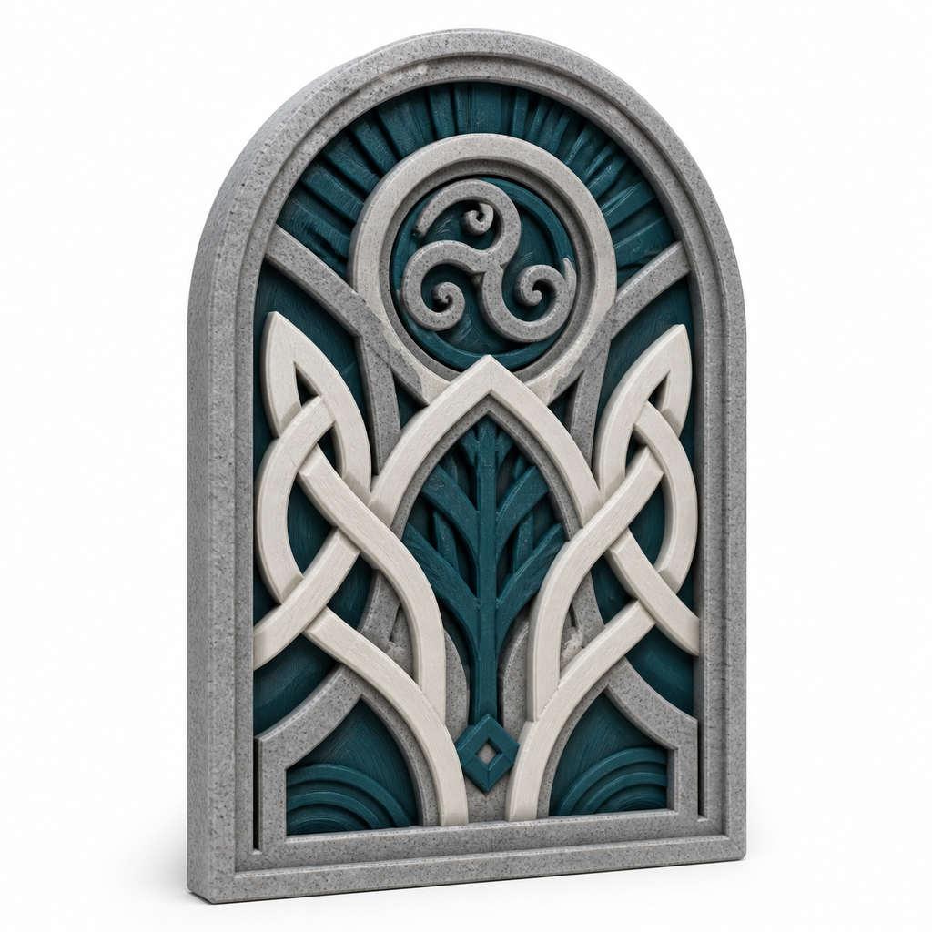 Product illustration of "Arc-shaped wall relief with triqueta and leaf motifs" on a white background: wall relief; Basic shape: high arcplatte with multiple framed light outer frame; Design: an upper triple spiral, two large braided leaves and a sharp middle motif; Colours: teal, silver grey and white.